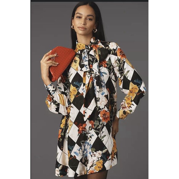 Anthropologie The Caroline Tie Neck Mini Dress By Maeve Sz XS Multi Color NWT - Picture 1 of 7
